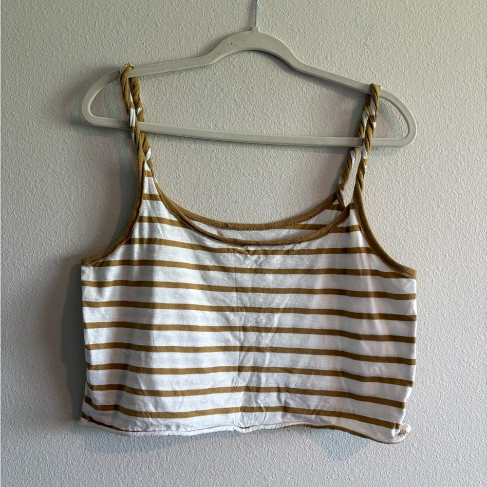 Aerie Tank Top Cropped Twisted-Straps Women’s Large Striped White/Mustard Yellow